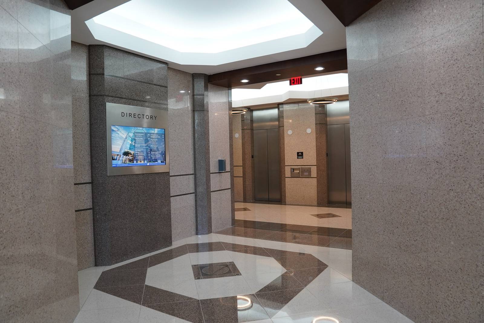 The elevator lobby and building directory