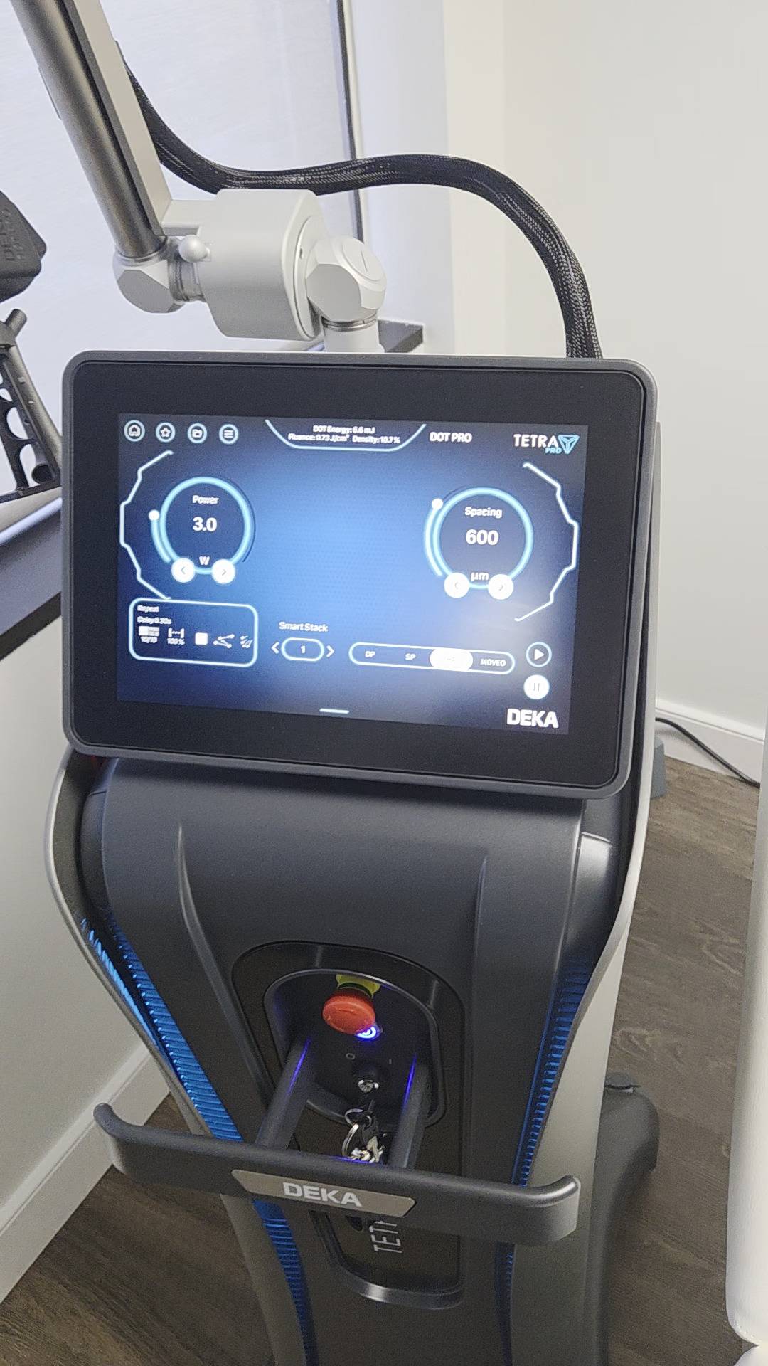 The touchscreen of the Tetra Pro CO2 laser, showing its power and spacing settings